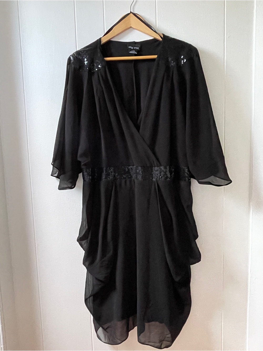 NWOT City Chic Black Sequin-Shoulder Wrap Dress
